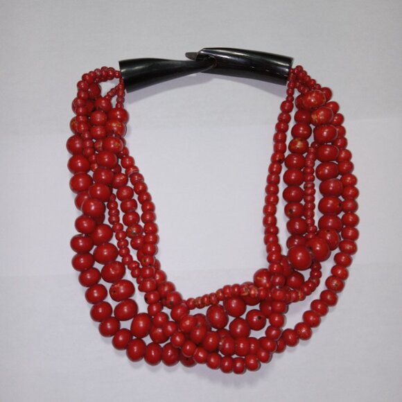 Vintage Red Multi-Strand Chunky Bead Necklace With Black Horn Clasp Boho - Picture 4 of 8